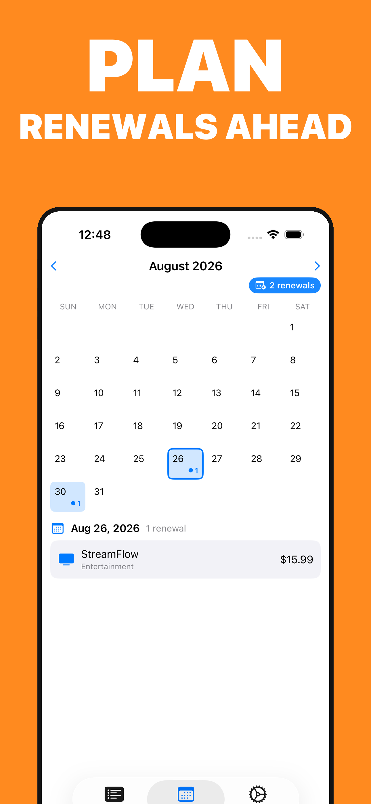 Renewals ahead screen in Subscriptions Manager