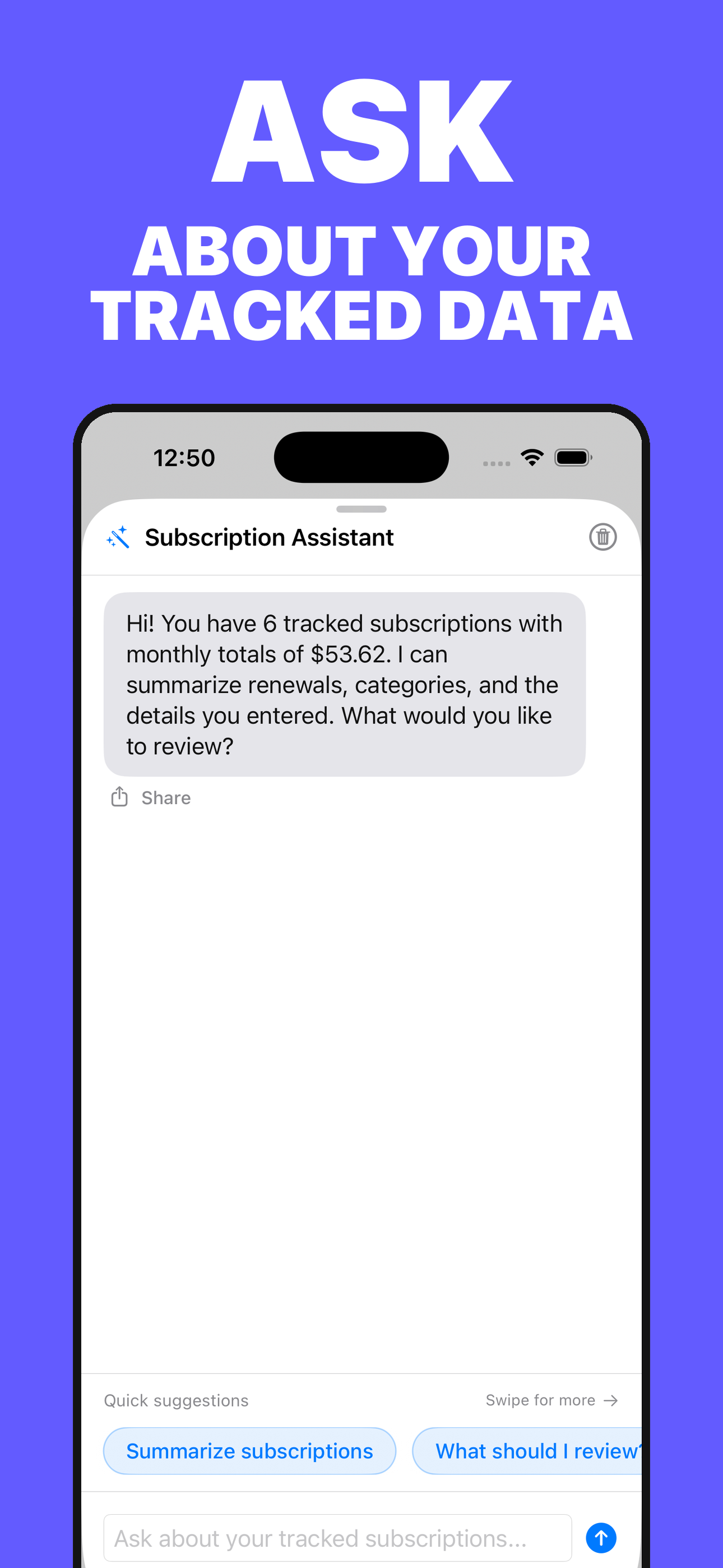 About your tracked data screen in Subscriptions Manager
